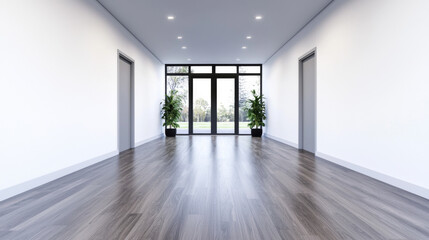 Sticker - A modern hallway with hardwood floors and large windows.