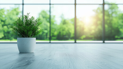 Poster - Potted plant in front of large windows.