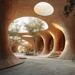 Sticker - Modern architectural design with curved walls and circular openings, revealing a courtyard with trees and sunlight.