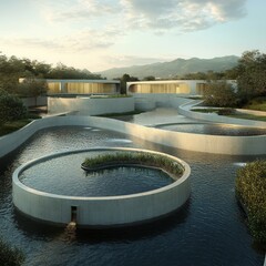 Modern architecture with circular pools and lush greenery in a serene setting.