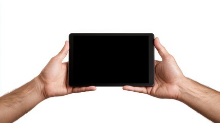 Canvas Print - A person is holding a tablet with a black screen