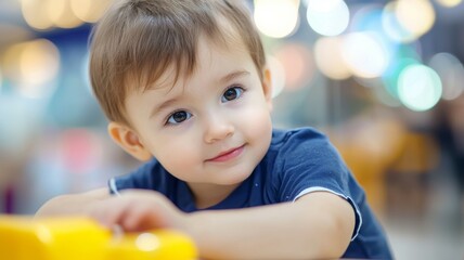 Canvas Print - A young child is smiling and looking at the camera