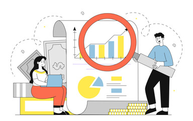 Wall Mural - Accountant people with graphs. Woman and man with magnifying glass analyze charts. Financial literacy and income and expense assessment. Linear vector illustration