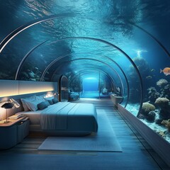 Canvas Print - Modern bedroom with large panoramic windows looking out onto a coral reef with tropical fish swimming by.