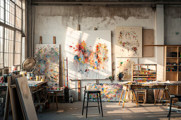 Contemporary art studio with large canvas and modern equipment