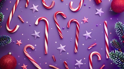 Wall Mural - Christmas Candy Canes and Stars with Happy New Year on Bright Purple Background, Celebratory Holiday Mood