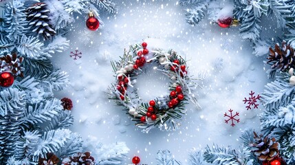 Wall Mural - Christmas Wreath and Snowflakes with Happy New Year on Snowy White Background, Cheerful Holiday Spirit