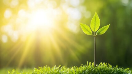 A young plant emerges from lush green grass, illuminated by radiant sunlight, symbolizing growth and new beginnings.