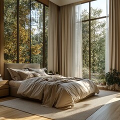 Sticker - Modern bedroom with large windows overlooking a lush green forest.