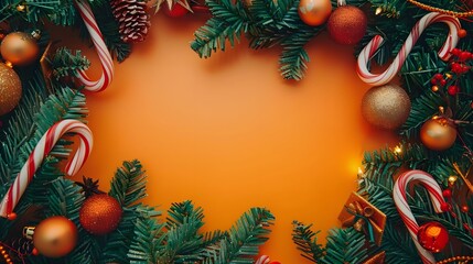 Wall Mural - Christmas Garlands and Candy Canes with Happy New Year on Bright Orange Background, Joyful Holiday Celebration