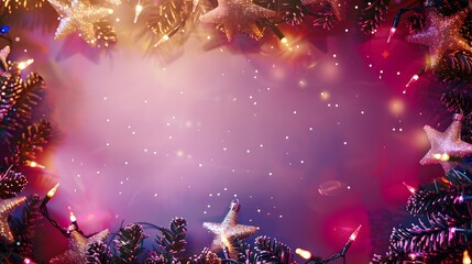 Wall Mural - Christmas Garlands and Stars with Merry Christmas on Bright Magenta Background, Joyful Holiday Spirit