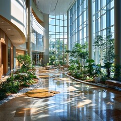 Sticker - Modern building interior with large windows and a courtyard with greenery and stone pathways.