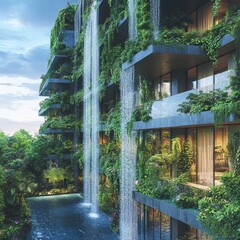 Sticker - Modern building with a waterfall cascading down the side, with lush greenery.