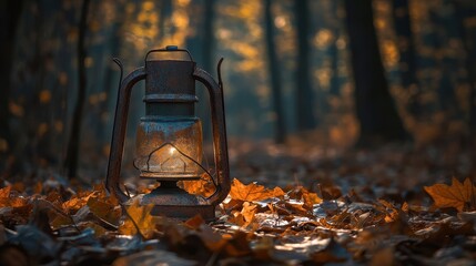 Wall Mural - Cozy Autumn Solitude: A Rustic Lantern in the Woodland