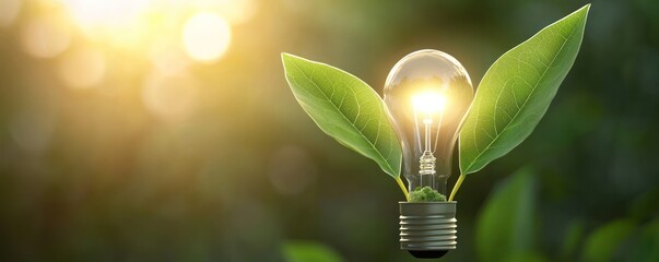 A light bulb surrounded by green leaves symbolizes eco-friendly energy and sustainable innovation in a natural setting.