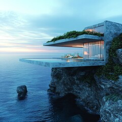 Canvas Print - Modern cliffside home with infinity pool overlooking the ocean at sunset.