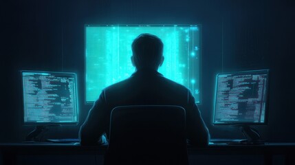 A programmer works intently at two monitors, surrounded by digital code, illuminated in a futuristic workspace.