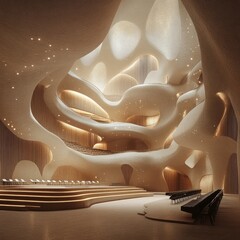 Sticker - Modern concert hall interior with abstract design, featuring a stage, seating and a piano.