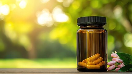 amber glass vitamin bottle with a black lid in a natural backdrop, product image