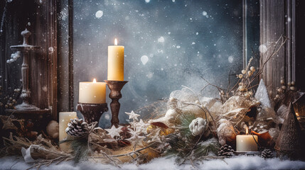 Wall Mural - Christmas card with snow and candles. Winter holidays ornament and candles on the Xmas scene.