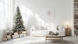 © sablengjago - Minimalist living room decorated for Christmas with a white couch, decorated tree, and gifts under the tree.