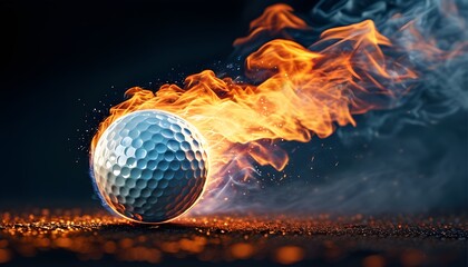 Wall Mural - Flaming Golf Ball in Motion, Creating a Fiery and Smoky Trail Against a Dark Backdrop