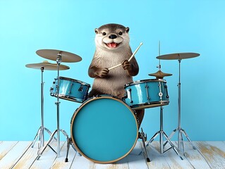 Adorable Otter Drummer Plays Drums on Vibrant Turquoise Background