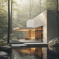 Canvas Print - Modern concrete house with large windows overlooking a pond in a misty forest.