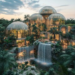 Sticker - Modern dome-shaped building with a waterfall and tropical plants.