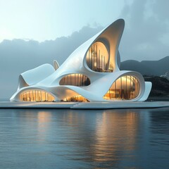 Canvas Print - Modern futuristic architecture building on the waterfront with a dramatic sky.