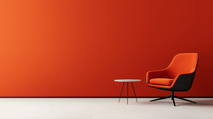 Canvas Print - Orange armchair with a white side table in a minimalist room.