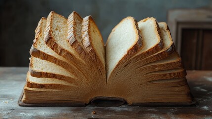 This imaginative artwork features an open book filled with various bread slices, blending food and literature to create an inspiring kitchen atmosphere for exploring new ideas in baking and art