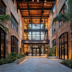 Wall Mural - Modern glass and brick atrium with palm trees and a concrete walkway.