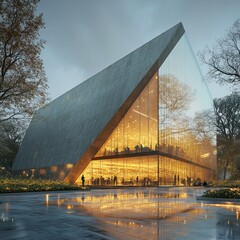 Canvas Print - Modern glass and concrete building with a large glass facade at dusk.