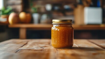 Sticker - Homemade Apricot Jam in a Glass Jar on a Rustic Wooden Table