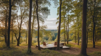 Aufkleber - A wooded area with a wooden bench and two chairs. The bench is surrounded by trees and the chairs are placed on the ground. The scene is peaceful and serene, with the sun shining through the trees