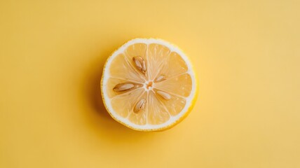 A slice of lemon is shown on a yellow background. The slice is cut in half and has seeds in it. Concept of freshness and natural beauty