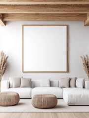 Canvas Print - Minimalist living room with white sectional sofa and wood accents.