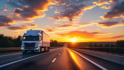 Wall Mural - White delivery van cruising along the highway with a stunning sunset backdrop