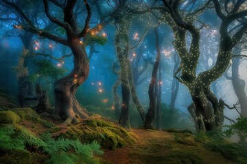 Aufkleber - A forest with trees lit up with lights. Scene is magical and enchanting