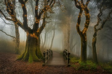 Aufkleber - An enchanting mystical forest with twisted trees wrapped in glowing lights and fireflies floating in the air, creating a magical and ethereal atmosphere.