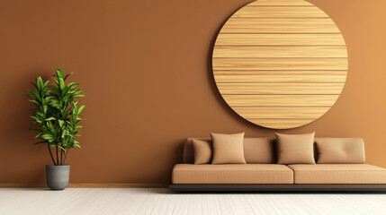 Canvas Print - Minimalist living room with a brown couch, a potted plant, and a round wooden wall decoration.