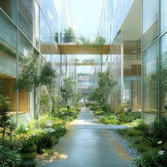 Poster - Modern glass building atrium with lush greenery and a walkway.