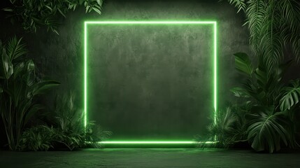 A green neon sign with a green background. The sign is surrounded by green plants