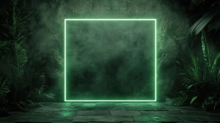 Poster - A 3D render featuring an abstract neon green glowing square frame surrounded by lush tropical plants, creating a futuristic yet natural-themed background, perfect for design, branding, or technology c