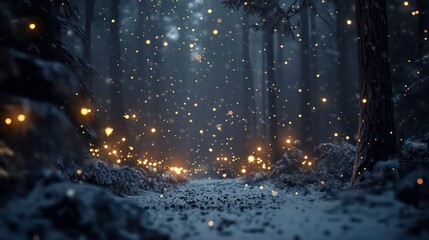 Sticker - A snowy forest path with glowing lights.