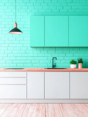 Canvas Print - Modern kitchen with turquoise brick wall and white cabinets.