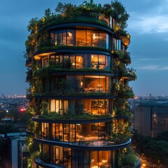 Sticker - Modern high-rise building with green roof and windows glowing at dusk.