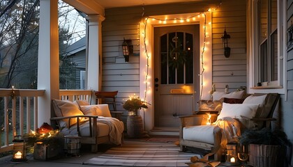 Charming front porch adorned with inviting lighting and cozy seating arrangements