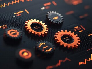 Wall Mural - multiple gears turning within a digital chart, symbolizing the integration of workflows in business 